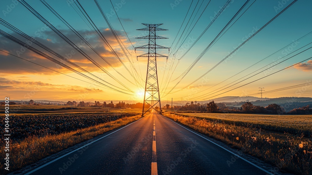 Rural road with power lines extending over fields energy infrastructure clear skies high detail clean sharp focus ultra HD photography