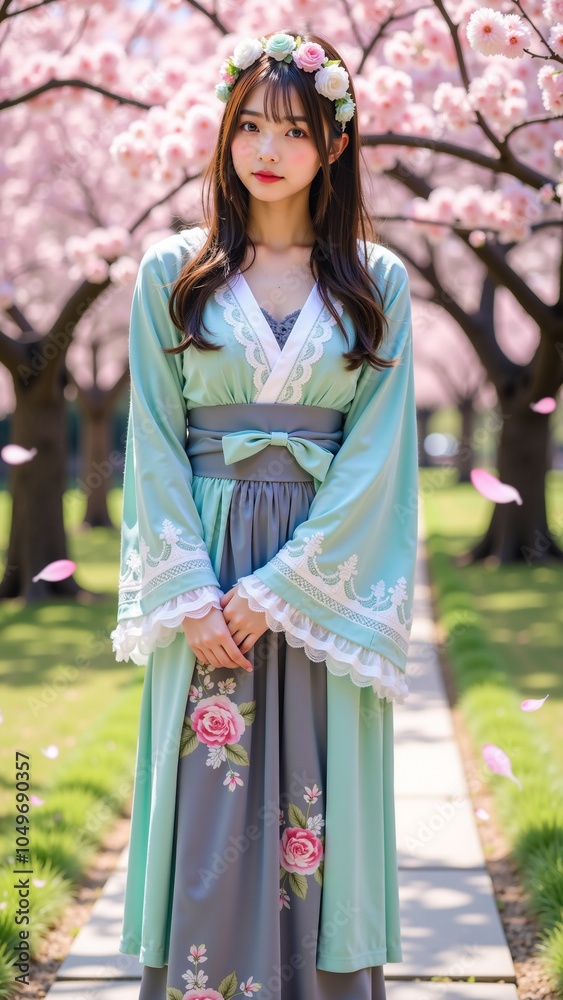 「桜並木の中、淡い緑色の着物とフローラルのヘッドドレスを身にまとった女性が立ち、優雅な和風スタイルを演出。ピンクとグリーンの組み合わせが春の花々と調和し、美しい日本の伝統美が感じられるシーン。」 「桜並木の中、淡い緑色の着物とフローラルのヘッドドレスを身にまとった女性が立ち、優雅な和風スタイルを演出。ピンクとグリーンの組み合わせが春の花々と調和し、美しい日本の伝統美が感じられるシーン。」