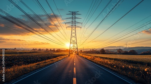 Rural road with power lines extending over fields energy infrastructure clear skies high detail clean sharp focus ultra HD photography