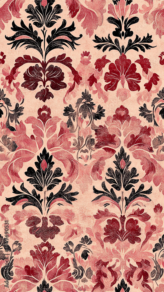 Elegant seamless pattern featuring aged botanical floral designs in rich red and black tones against soft beige background, perfect for vintage decor