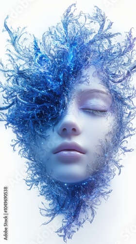 Ethereal face with cosmic blue floral designs - surreal art concept