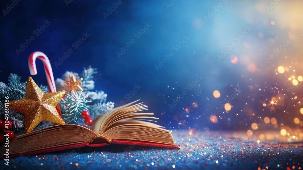 Naklejka premium Festive magic: open book with holiday decorations and sparkling lights