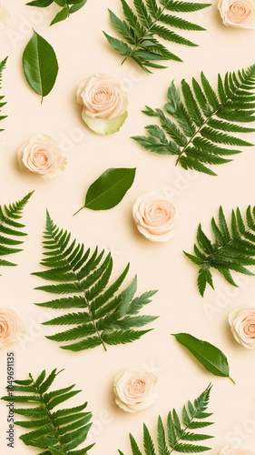 Delicate pastel roses and lush green leaves create serene and harmonious pattern, perfect for backgrounds or floral designs. combination evokes sense of tranquility and natural beauty