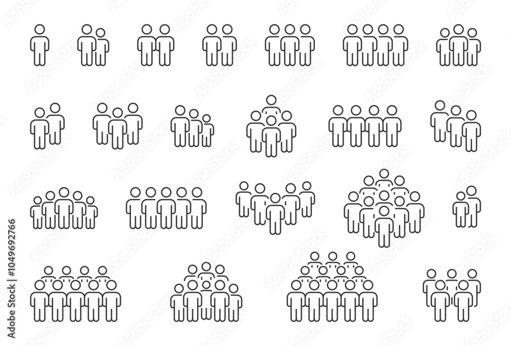People, human, person thin line icon set. Editable stroke. Containing participants, group, team, organization, community, population, audience, member. For website design, logo, app, UI isolated.