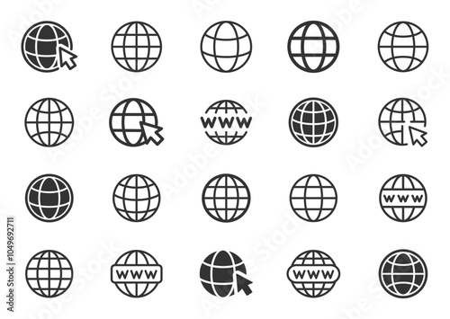 Globe icon set. Go to web symbol icon. Collection www symbol, Web icon, website, homepage icon set, earth clip art, globe symbol. Globe with arrow. Editable stroke. Vector illustration.