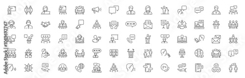 Speaking set of web icons in line style. Editable stroke. Collection outline icons related to public speacking. People, communication, talking, discussion, speech bubble, team, support. Vector