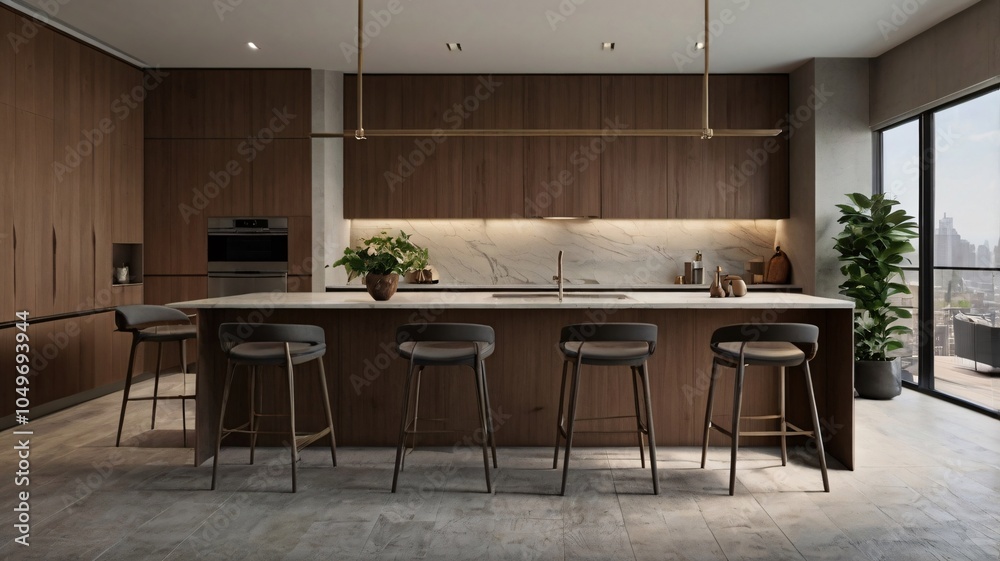 A cutting-edge kitchen, characterized by its subtle color palette and ...