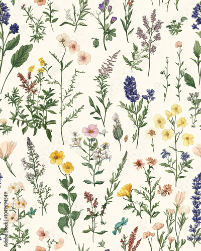 seamless pattern featuring variety of antique botanical illustrations, showcasing colorful wildflowers and lush greenery on light background. This design evokes sense of natures beauty and