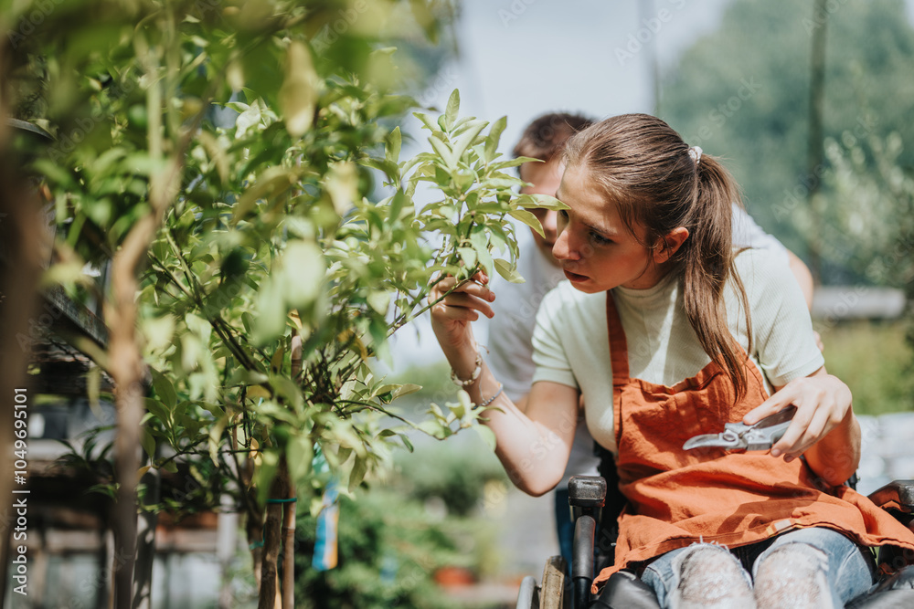 Naklejka premium A young woman in a wheelchair tends to plants with the help of a male companion, showcasing teamwork and inclusion in gardening activities.