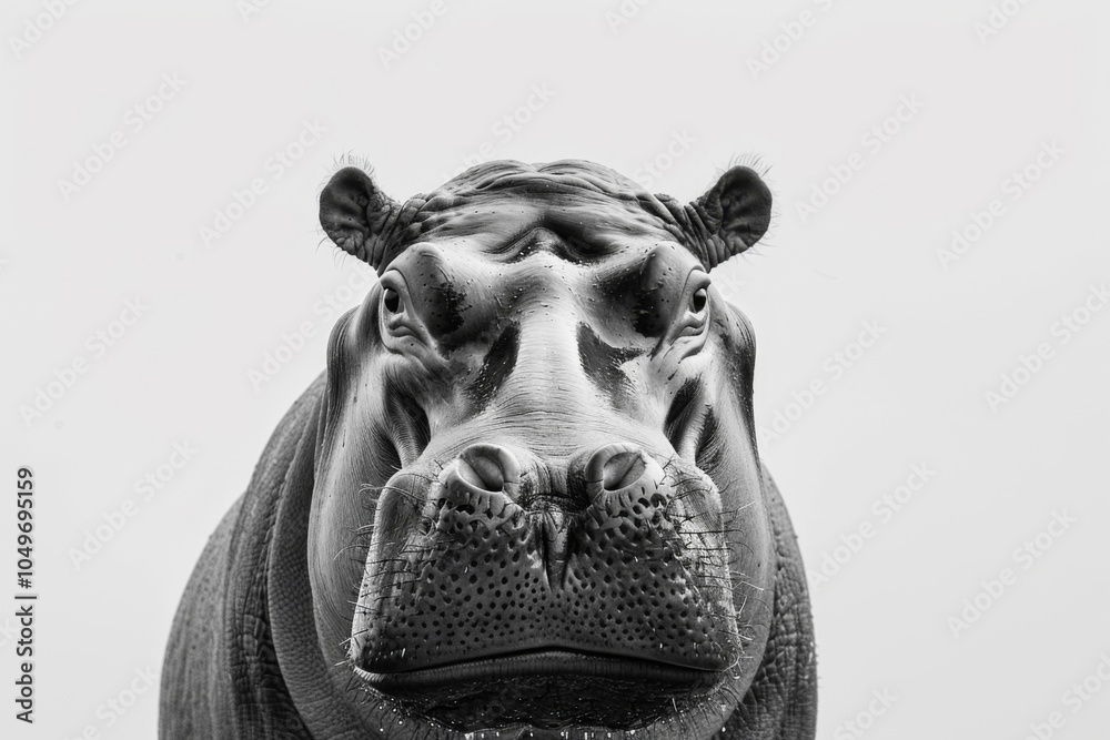 Majestic Hippo Portrait: Striking Black and White Close-Up, Capturing the Intensity and Beauty of One of Natures Largest Mammals Against a Minimalist Background Majestic Hippo Portrait: Striking Black and White Close-Up, Capturing the Intensity and Beauty of One of Natures Largest Mammals Against a Minimalist Background