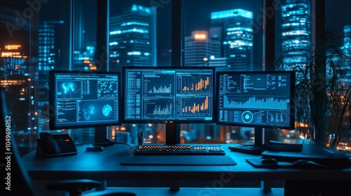 Wallpaper Mural Night City Office Desk with Three Monitors and a View Torontodigital.ca