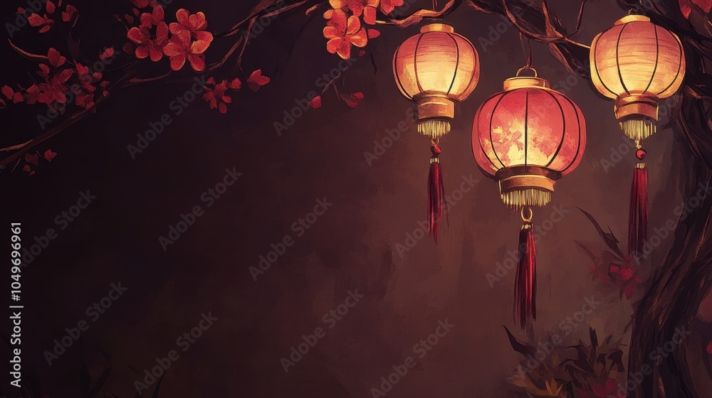 Obraz premium Enchanting Chinese New Year Celebration with Lanterns and Blossoms