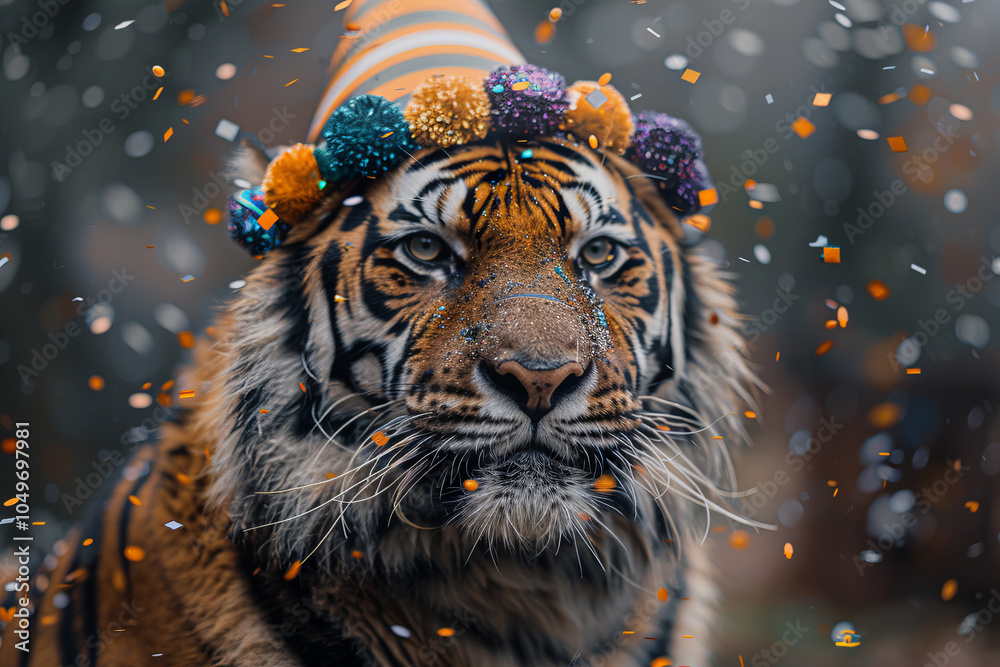 Majestic Tiger Celebrating with Party Hat and Colorful Decorations, Surrounded by Confetti in a Festive Atmosphere of Wild Elegance