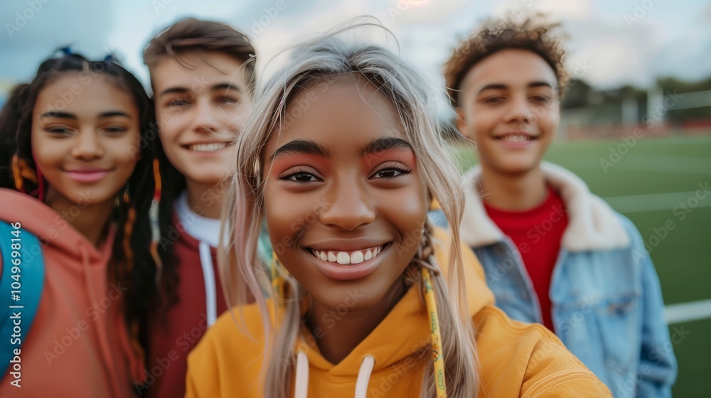 A group of multiethnic students taking a selfie at the sports field, smiling and looking into the camera, with a football court in the background A group of multiethnic students taking a selfie at the sports field, smiling and looking into the camera, with a football court in the background