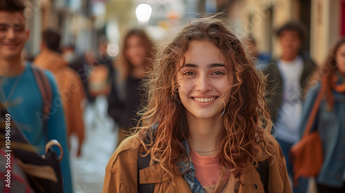 A group of smiling young people are walking down the street, with one person in focus and two more behind him or her