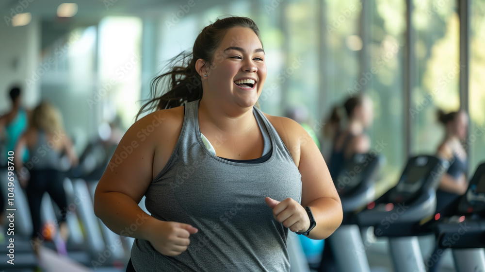 A photo of an overweight woman running on the treadmill at her gym, laughing and having fun while other people work out in the background A photo of an overweight woman running on the treadmill at her gym, laughing and having fun while other people work out in the background