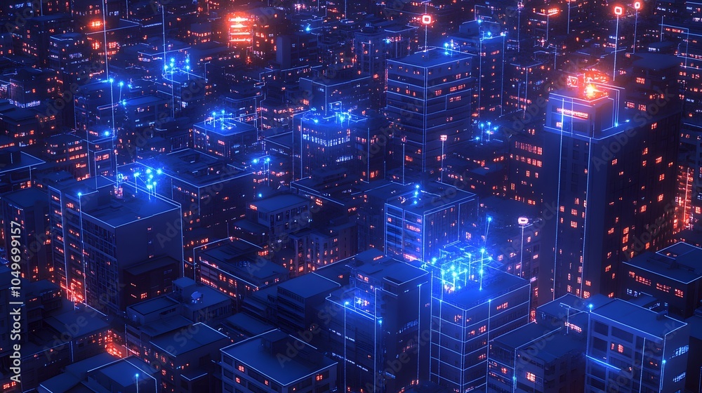 Fototapeta premium A high-tech cityscape at night featuring glowing blue digital connections between buildings, symbolizing advanced urban networks and connectivity..