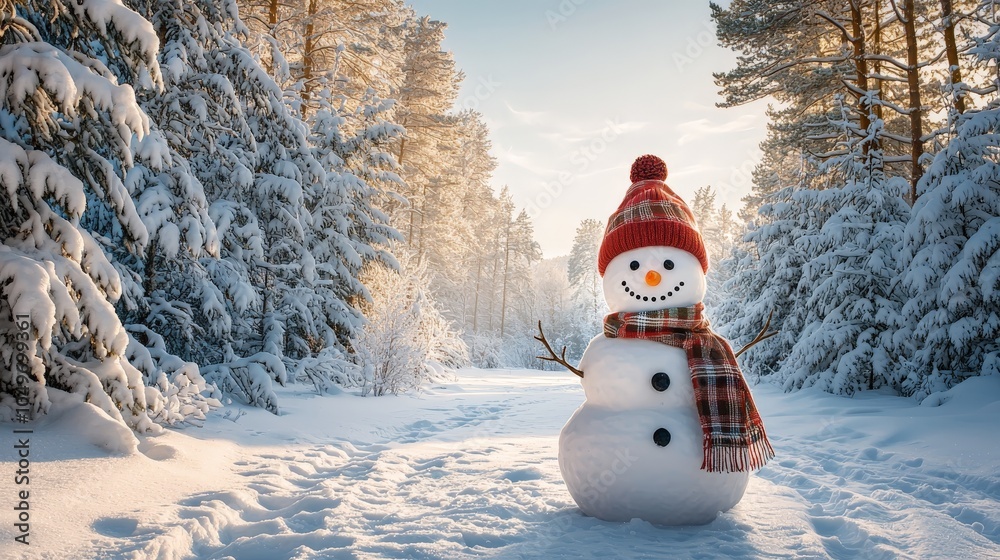 Fototapeta premium Snowman in winter forest with red scarf