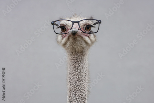 Funny African ostrich in glasses on a gray background. photo