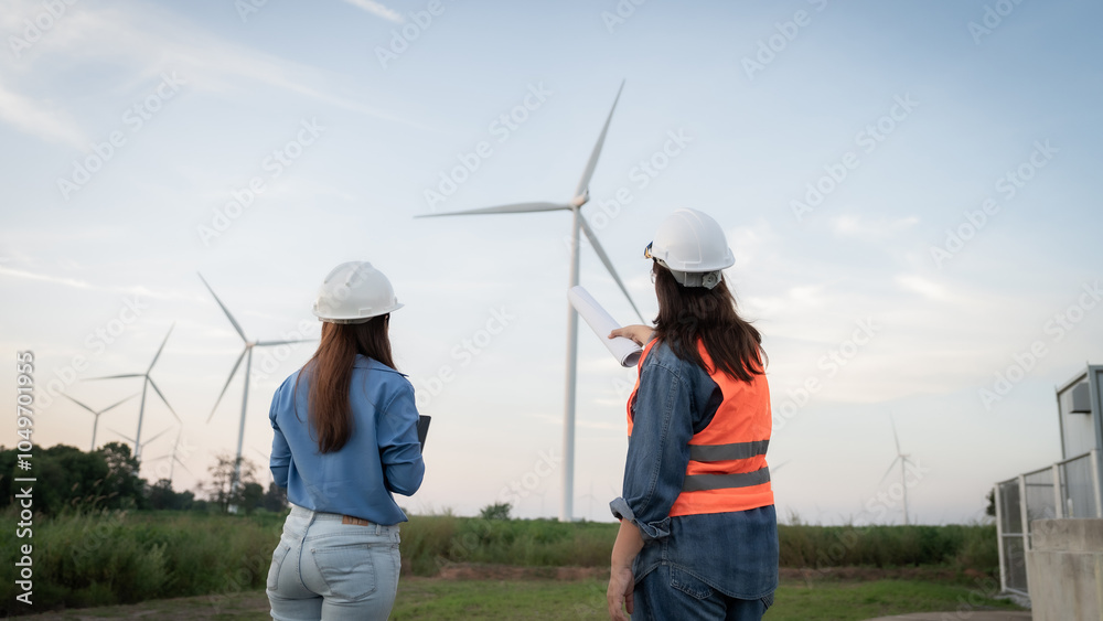 A female engineer wearing a hard hat and orange vest stands in front of a wind farm. They are working on a project together A female engineer wearing a hard hat and orange vest stands in front of a wind farm. They are working on a project together