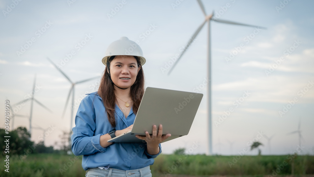 A female engineer wearing a hard hat and holding a laptop in front of a wind farm. Concept of work and productivity, as the woman is likely a worker in the field of renewable energy A female engineer wearing a hard hat and holding a laptop in front of a wind farm. Concept of work and productivity, as the woman is likely a worker in the field of renewable energy