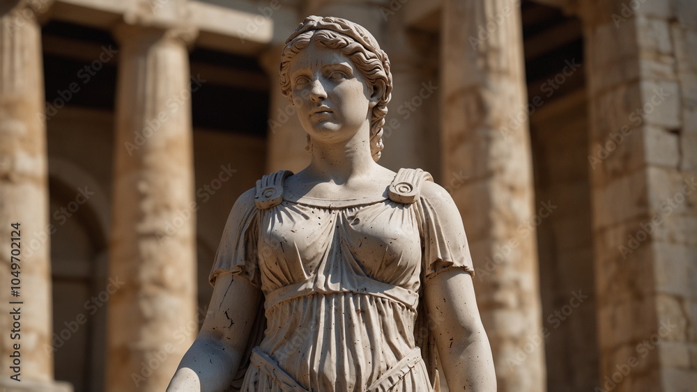 Obraz premium Sculpt Athena holding a book of wisdom, standing in an ancient Greek academy, set against stone pillars and scholars, symbolizing the power of wisdom and education.