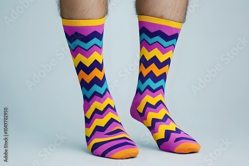 Colorful, zigzag-patterned socks on a person's feet, showcasing vibrant hues of purple, yellow, and orange against a light background.