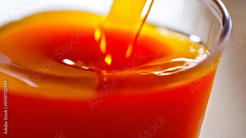 A clear  glass is filled with juice, capturing vibrant color and liquid flow