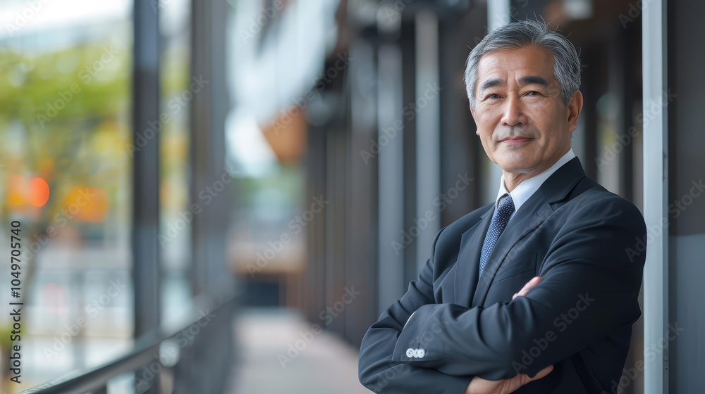 Fototapeta premium Confident senior Asian businessman in suit smiling and looking at camera.