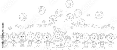 Happy little girls and boys around Santa Claus with his magical bag full of Christmas gifts, sweets and toys in a school hall decorated with garlands and balloons, vector cartoon illustration