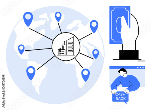 A world map with location pins indicating global connections and a central business icon. A hand processing payment and a person showing a cash-back statement. Ideal for business, finance, global