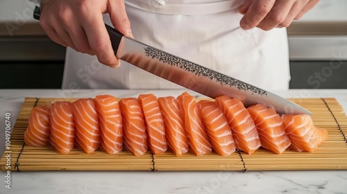 Chef slicing sushi-grade salmon, precise cuts, sashimi knife, bamboo mat, minimal kitchen photo