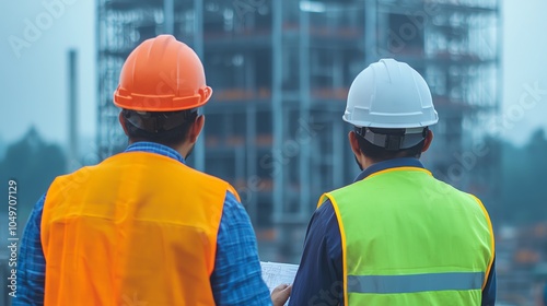 Engineers discussing the structural design of a large industrial plant, steel framework going up, overcast day, medium shot