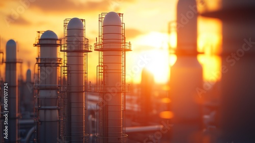 Fluid catalytic cracking unit with swirling gases, aerial perspective, warm afternoon light