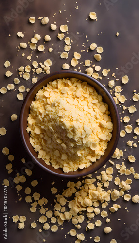 Nutritional yeast flakes, or dry inactive yeast falling background and texture. photo