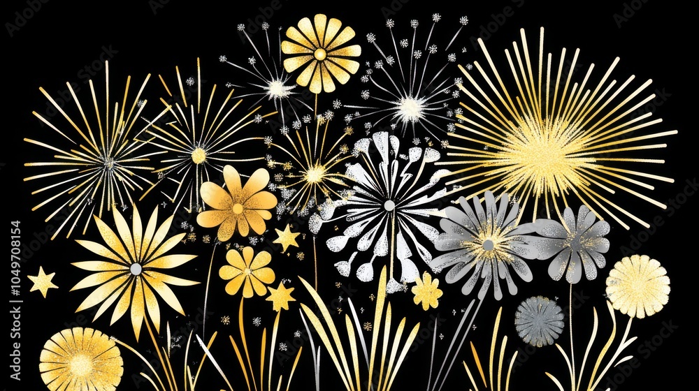 Golden Fireworks Display with Floral Designs Golden Fireworks Display with Floral Designs
