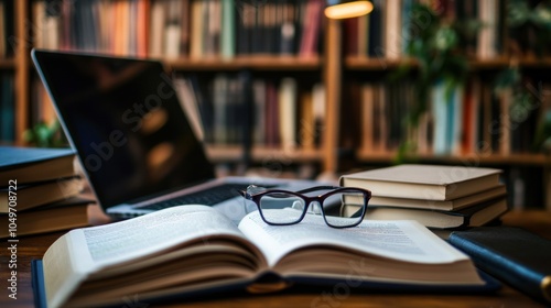 A pair of glasses rests on an open book surrounded by more books, suggesting a cozy and focused reading or study session in a library.