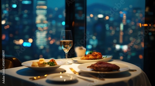 dinner at a luxury restaurant with a view of urban buildings at night