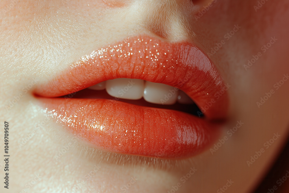 Fototapeta premium Closeup of Shimmering Glossy Lips with Orange Tint AI Generated
