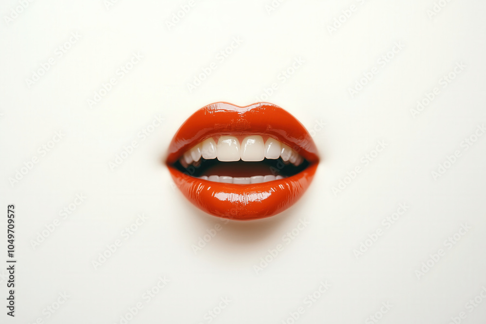 Fototapeta premium Minimalist Closeup of Glossy Red Lips with Teeth AI Generated