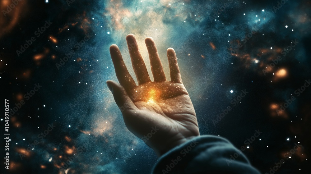 Cosmic Hand: A hand reaches into a vibrant nebula, cradling a celestial spark. Mystical, powerful, and awe-inspiring. Cosmic Hand: A hand reaches into a vibrant nebula, cradling a celestial spark. Mystical, powerful, and awe-inspiring.