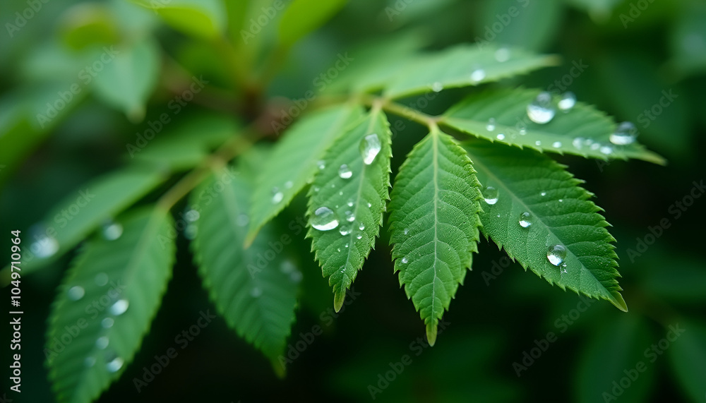 Close-up of green leaves with dew drops, highlighting freshness and beauty in nature's details Close-up of green leaves with dew drops, highlighting freshness and beauty in nature's details