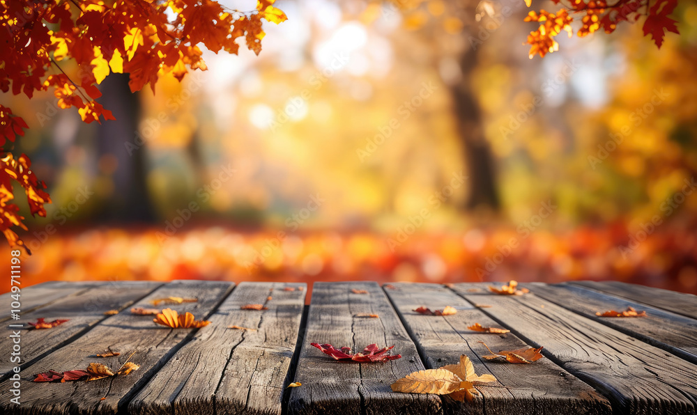 The empty wooden table top with blur background of autumn. Exuberant image The empty wooden table top with blur background of autumn. Exuberant image