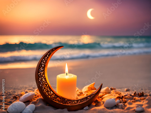 Traditional Candle light with Crescent moon shape on the beach, Ramadan Kareem background 2025