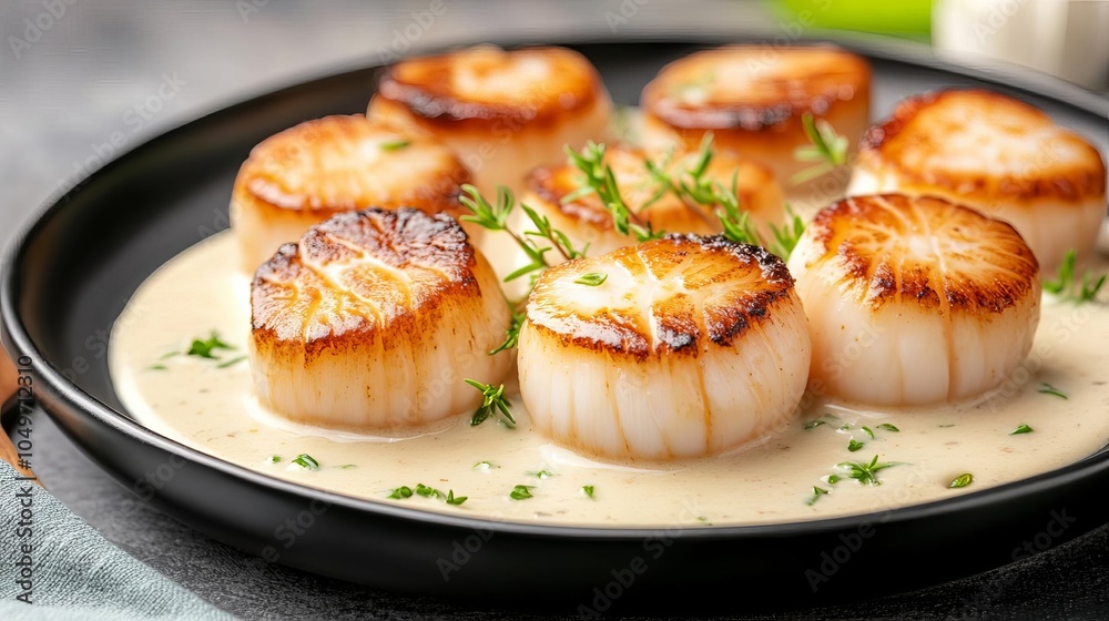Plated seared scallops with creamy sauce, black plate, elegant presentation Plated seared scallops with creamy sauce, black plate, elegant presentation