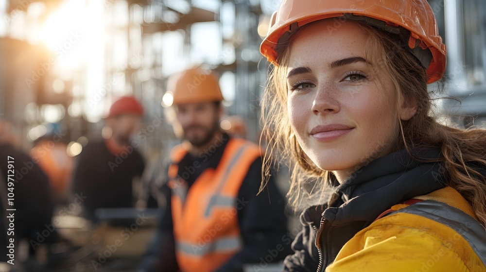 Female construction worker in yellow safety vest standing on construction site Female construction worker in yellow safety vest standing on construction site