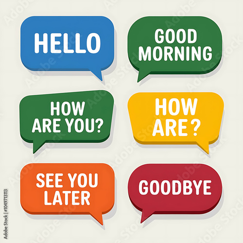 An illustration of a set of flat message bubbles. There are 5 bubbles with different colors - blue, green, yellow, orange, and red. Each bubble contains a speech bubble with a different text - 