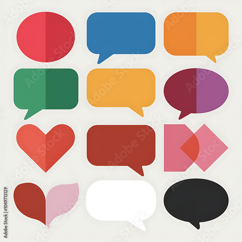 An illustration of a set of flat message bubbles with various shapes and colors. There are a total of 12 bubbles. The shapes include circles, squares, triangles, and hearts.