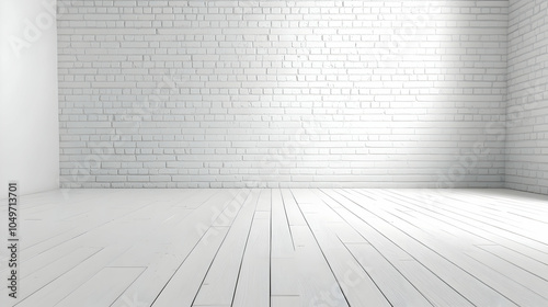 Fototapeta Naklejka Na Ścianę i Meble -  White Brick Wall and Wooden Floor Background 3D Illustration