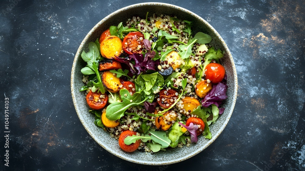 Leafy green salad with quinoa, seeds, and roasted vegetables in a bowl Leafy green salad with quinoa, seeds, and roasted vegetables in a bowl